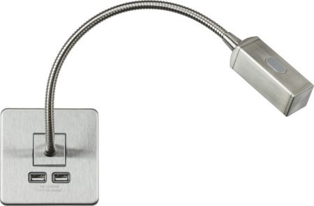 Knightsbridge 230V LED Dimmable Reading Light with Dual USB A+A Brushed Chrome | SFRLBC
