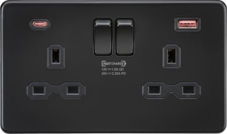 Knightsbridge 13A 2G DP Switched Socket & Dual USB A+C (Max. 45W) Matt Black | SFR9945MBB