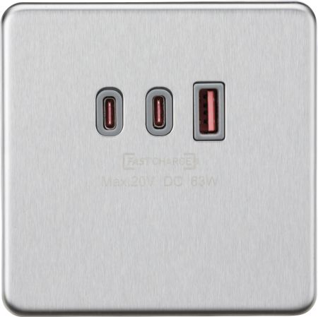 Knightsbridge 230V Triple USB Charger Plate USB-C & USB-A Brushed Chrome | SF63WBCG