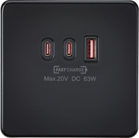 Knightsbridge 230V Triple USB Charger Plate USB-C & USB-A Matt Black | SF63WMB