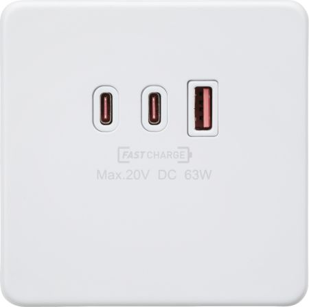 Knightsbridge 230V Triple USB Charger Plate USB-C & USB-A Matt White | SF63WMW