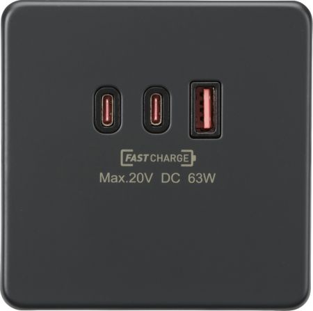 Knightsbridge 230V Triple USB Charger Plate USB-C & USB-A Anthracite | SF63WAT