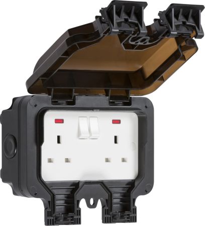 Knightsbridge IP66 13A 2G DP Outdoor Switched Socket with Neon Black | OP9N