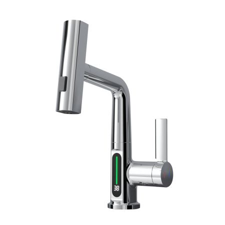 Ener-J BW2001 Chrome Silver Basin Faucet with Waterfall Pull Out Sprayer & LED Temperature Display