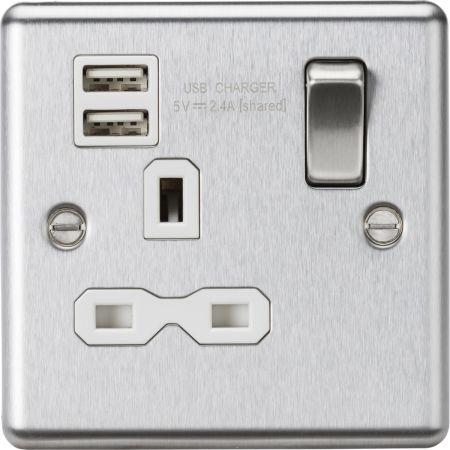 Knightsbridge 13A Single Socket Dual USB Charger Slots Brushed Chrome White Insert | CL9124BCW
