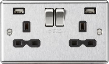 Knightsbridge 13A 2G Switched Socket & Dual USB Charger Brushed Chrome Black Insert | CL9224BC