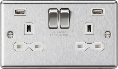 Knightsbridge 13A 2G Switched Socket & Dual USB Charger Brushed Chrome White Insert | CL9224BCW