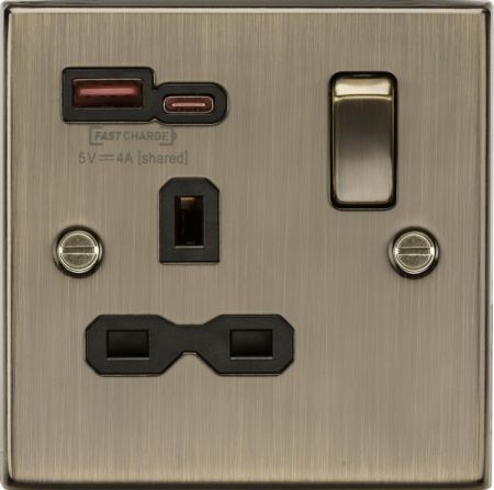 Knightsbridge 13A 2G DP Switched Socket & Dual USB A+C 20V DC 2.25A Antique Brass | CS9945AB