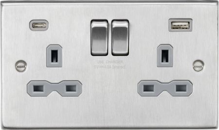 Knightsbridge CS9940BCG 13A 2G Switched Socket Dual USB A+C Brushed Chrome with Grey Insert