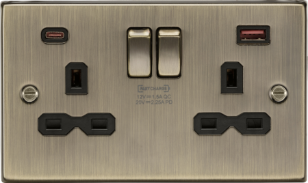 Knightsbridge 13A 2G DP Switched Socket & Dual USB A+C 20V DC 2.25A Antique Brass | CS9945AB
