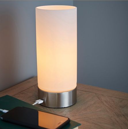 Endon Lighting Dara 40w USB Table Lamp Brushed Nickel with Opal Glass 67517