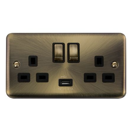 Click Deco Plus Antique Brass 13a Double Socket With USB Black Insert DPAB570BK