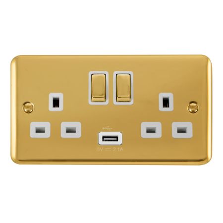 Click Deco Plus Polished Brass 13a Double Socket With USB White Insert DPBR570WH
