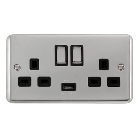 Click Deco Plus Polished Chrome 13a Double Socket With USB Black Insert DPCH570BK