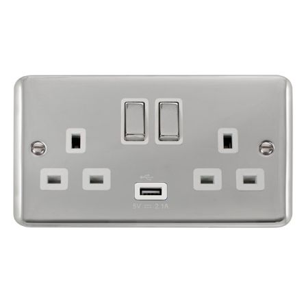 Click Deco Plus Polished Chrome 13a Double Socket With USB White Insert DPCH570WH