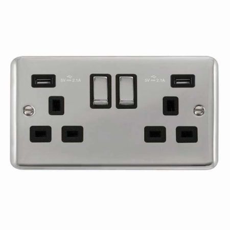 Click Deco Plus Polished Chrome 13a Socket With 2 x 2.1A USB Black Insert | DPCH580BK