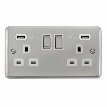Click Deco Plus Polished Chrome 13a Socket With 2 x 2.1A USB White Insert | DPCH580WH