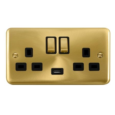 Click Deco Plus Satin Brass 13a Double Socket With USB Black Insert DPSB570BK
