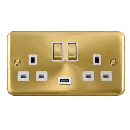 Click Deco Plus Satin Brass 13a Double Socket With USB White Insert DPSB570WH