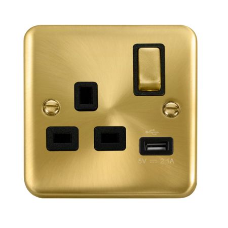 Click Deco Plus Satin Brass 13a Single Socket With USB Black Insert DPSB571BK