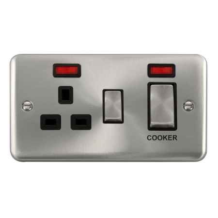 Click Deco Plus Satin Chrome 45A Ingot 2 Gang DP Switch With 13A DP Switched Socket & Neon Black Insert | DPSC505BK