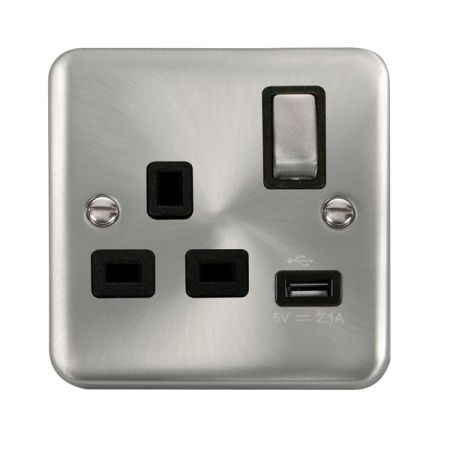 Click Deco Plus Satin Chrome 13a Single Socket With USB Black Insert DPSC571BK