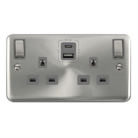 Click Deco Plus Satin Chrome Type A & C USB Double Socket | DPSC586GY