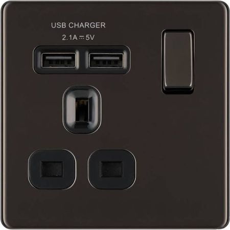 BG Nexus Flatplate Screwless Black Nickel 13A 1G Plug Socket + 2 USB (2.1A) Grey Insert | FBN21U2B