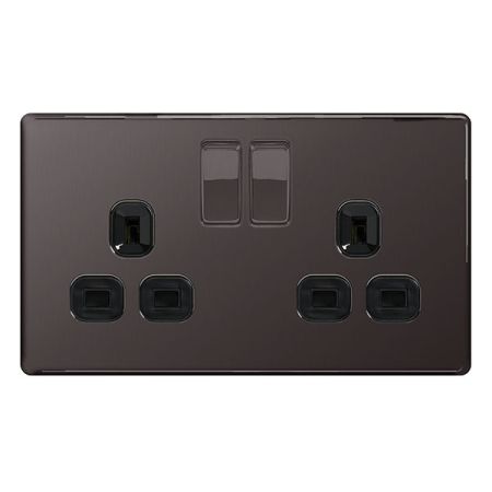 BG Nexus Flatplate Screwless Black Nickel 13A 2G DP Switched Plug Socket | FBN22B