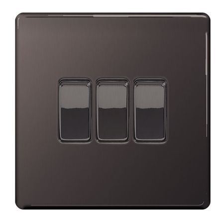 BG Nexus Flatplate Screwless Black Nickel Single 3 Gang 2 Way Light Switch | FBN43