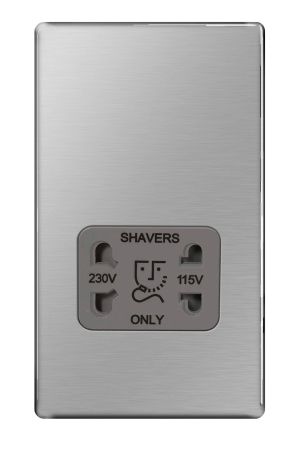 BG Nexus Screwless Brushed Steel 115/230V Dual Voltage Shaver Socket Grey Insert | FBS20G