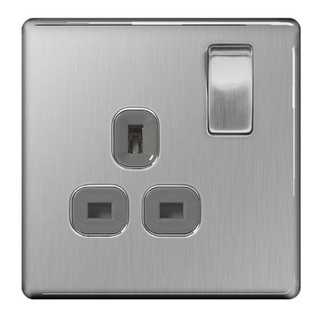 BG Nexus Flatplate Screwless Brushed Steel 13A 1G DP Switched Plug Socket Grey Insert | FBS21G