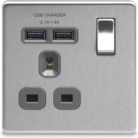 BG Nexus Flatplate Screwless Brushed Steel 13A 1G Plug Socket + 2 USB (2.1A) Grey Insert | FBS21U2G