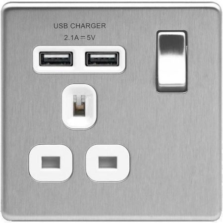 BG Nexus Flatplate Screwless Brushed Steel 13A 1G Plug Socket + 2 USB (2.1A) White Insert | FBS21U2W