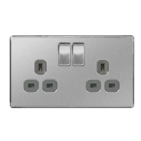 BG Nexus Flatplate Screwless Brushed Steel 13A 2G DP Switched Plug Socket Grey Insert | FBS22G