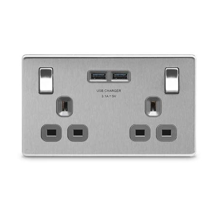 BG Nexus Screwless Brushed Steel 13A 2G DP 2 x USB Socket Grey Insert | FBS22U3G