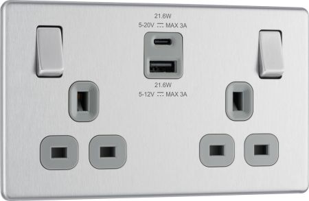BG Nexus Screwless FBS22UAC22G Brushed Steel Double Socket with 22W USB A+C Charging Grey Insert