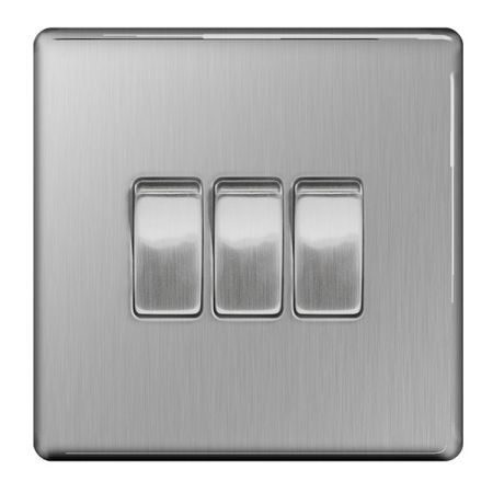 BG Nexus Flatplate Screwless Brushed Steel Single 3 Gang 2 Way Light Switch | FBS43