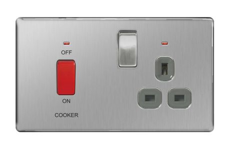 BG Nexus Screwless Brushed Steel 45A Cooker Switch & 13A Plug Socket Grey Insert | FBS70G