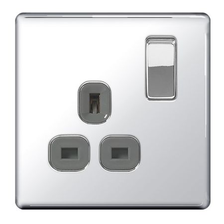 BG Nexus Flatplate Screwless Polished Chrome 13A 1G DP Switched Plug Socket Grey Insert | FPC21G