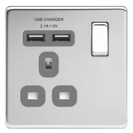 BG Nexus Flatplate Screwless Polished Chrome 13A 1G Plug Socket + 2 USB (2.1A) Grey Insert | FPC21U2G