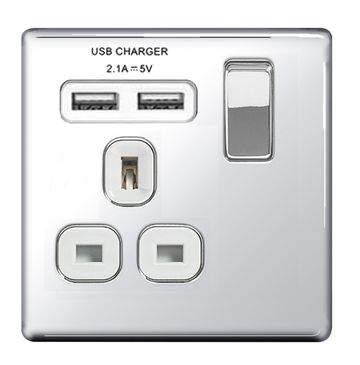 BG Nexus Flatplate Screwless Polished Chrome 13A 1G Plug Socket + 2 USB (2.1A) White Insert | FPC21U2W