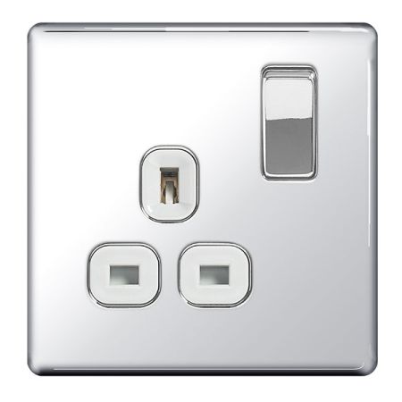 BG Nexus Flatplate Screwless Polished Chrome 13A 1G DP Switched Plug Socket White Insert | FPC21W
