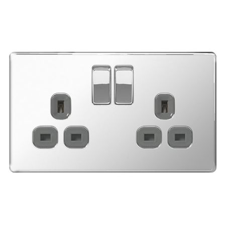 BG Nexus Flatplate Screwless Polished Chrome 13A 2G DP Switched Plug Socket Grey Insert | FPC22G