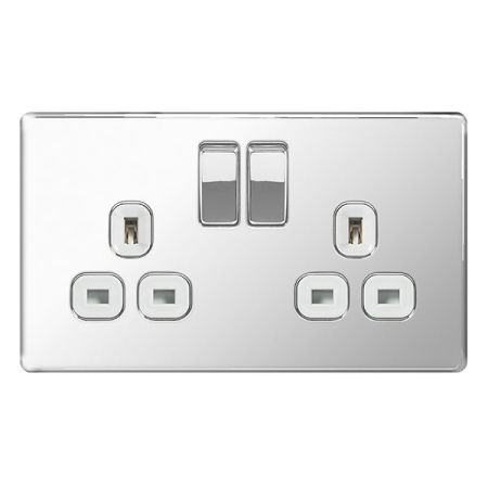 BG Nexus Flatplate Screwless Polished Chrome 13A 2G DP Switched Plug Socket White Insert | FPC22W