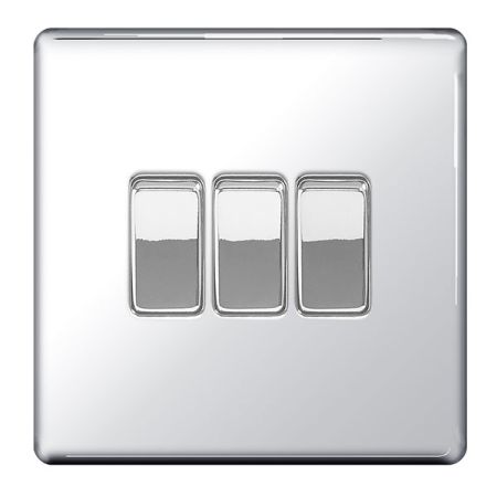BG Nexus Flatplate Screwless Polished Chrome Single 3 Gang 2 Way Light Switch | FPC43