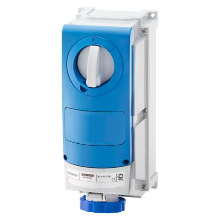 Gewiss 63A IP66 IEC309 2PE Blue Interlocked Switched Vertical Socket Outlet 230V | GW66527