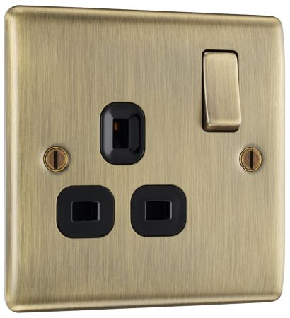 BG Nexus Metal Antique Brass 13A 1 Gang Plug Socket Black Insert | NAB21B