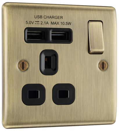 BG Nexus Metal Antique Brass 13A 1 Gang Socket + 2 USB (2.1A) Black Insert | NAB21U2B