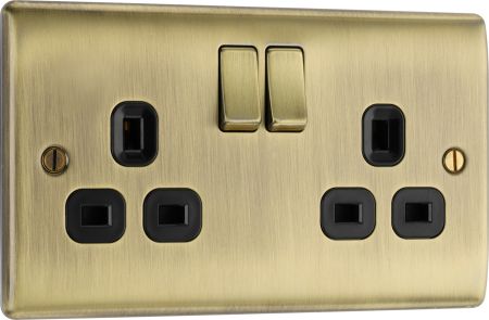 BG Nexus Metal Antique Brass 13A 2 Gang Plug Socket Black Insert | NAB22B